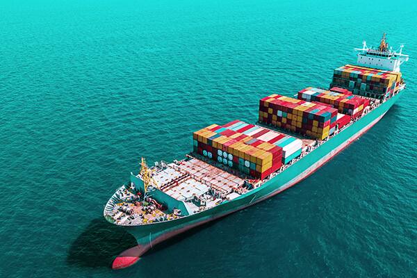 A loaded cargo ship docked at a port