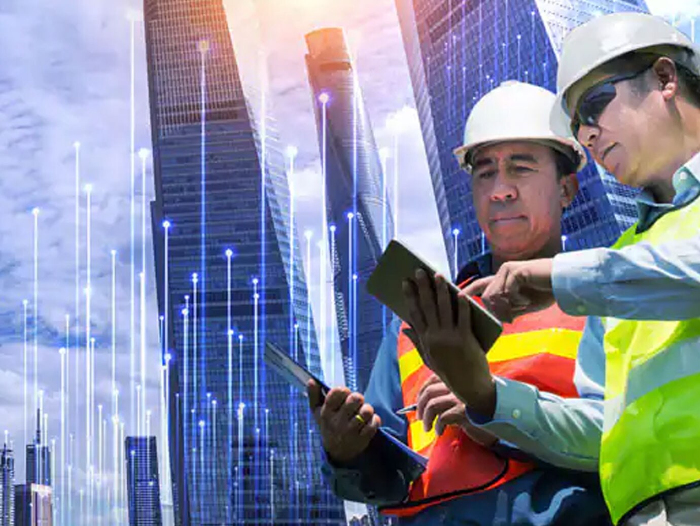 View from ground with two contractors discussing while looking at the tab with skyscrapers in the background overlaid with graphics of transmission nodes