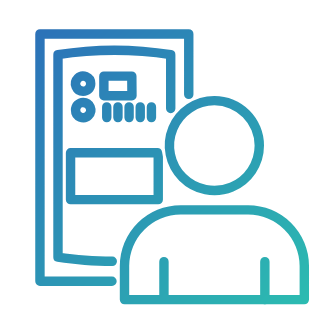 Blue icon of person and door with access control features